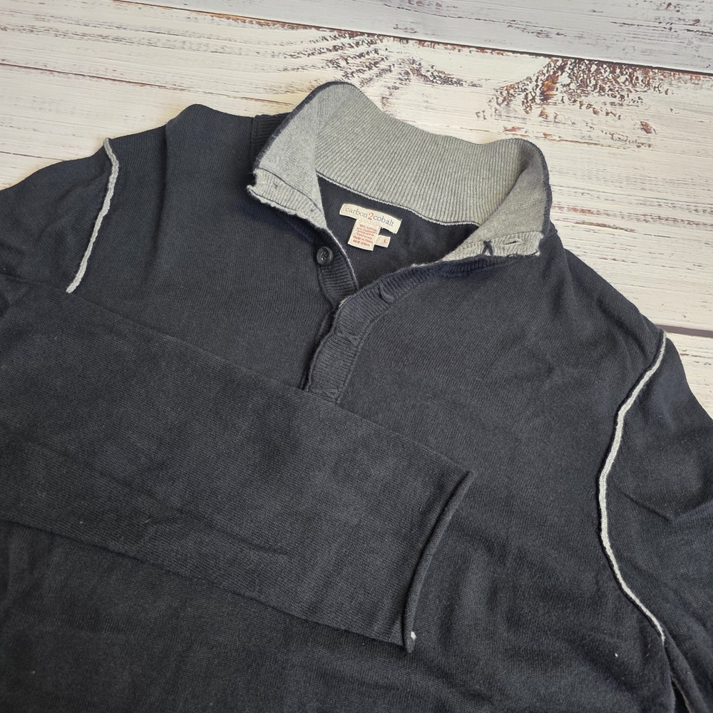 Carbon 2 Cobalt Sweater Mens Large Black Henley Cotton Cashmere Blend 1/4 Button